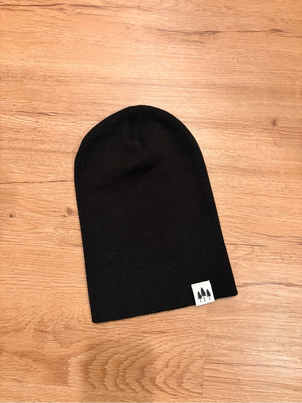 Black Knit Beanie Hat with Tree Patch